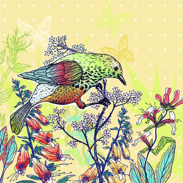 Vektorillustration Eines Waldvogels Und Blühender Blumen — Stockvektor