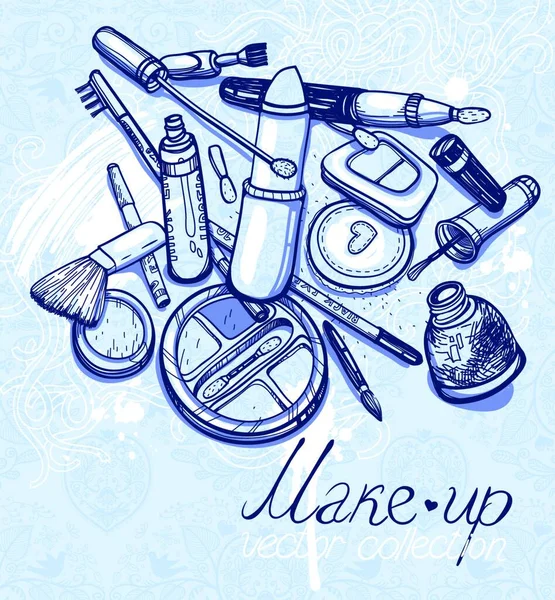 Collezione Vettoriale Cosmetici Disegnati Mano — Vettoriale Stock