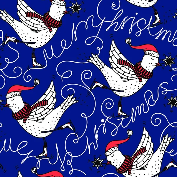 Boże Narodzenie Wektor Bezszwowy Wzór Cute Ptaków Łyżwiarskich Litery Lodu — Wektor stockowy