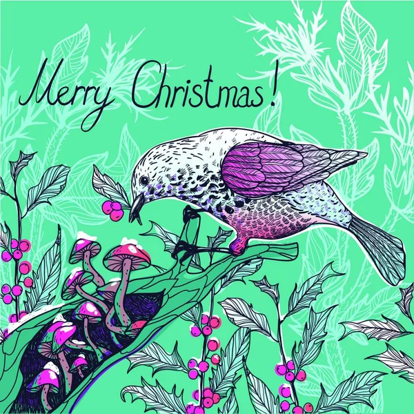 Illustration Vectorielle Noël Oiseau Aux Baies Houx — Image vectorielle