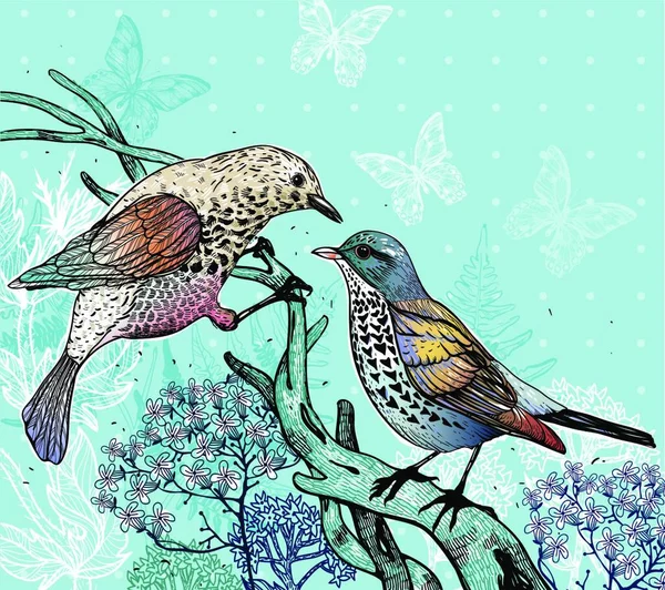 Ilustración Vectorial Dos Pájaros Del Bosque Plantas Flor — Archivo Imágenes Vectoriales