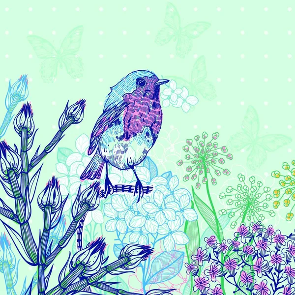 Vectorillustratie Van Een Vogeltje Bloeiende Bloemen — Stockvector