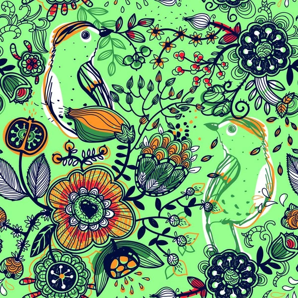 花や抽象的な鳥が咲くベクトル花のシームレスなパターン — ストックベクタ