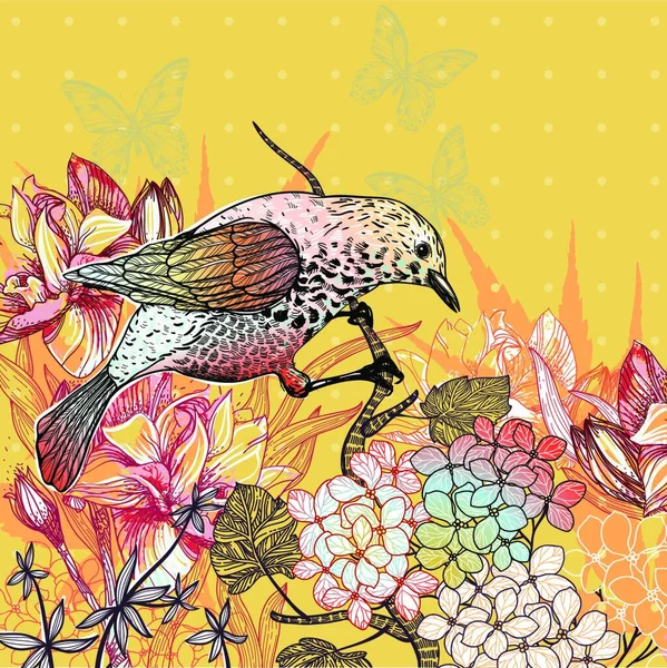 Vektorillustration Eines Waldvogels Und Blühender Blumen — Stockvektor