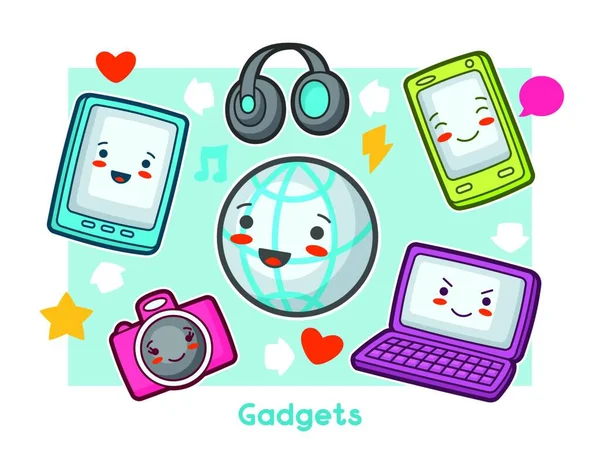 Kawaii Gadgets Tarjeta Divertida Doodles Con Hermosa Expresión Facial Kawaii — Vector de stock