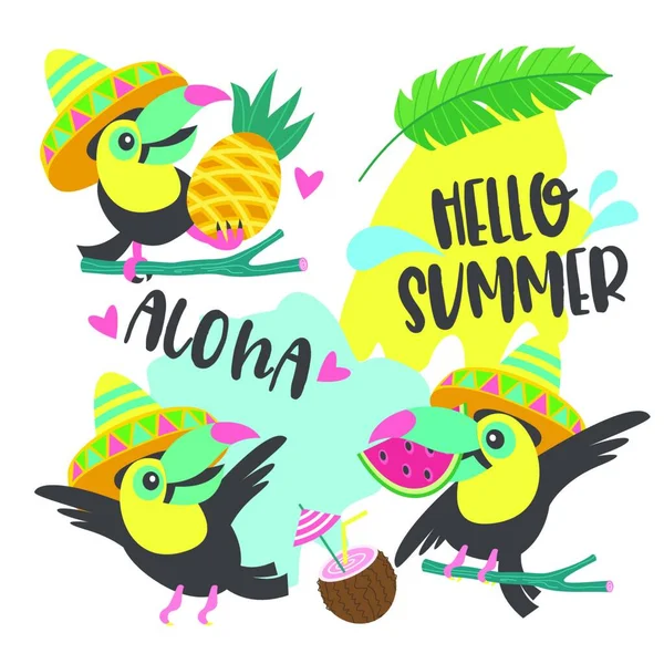 アロハ かわいい面白い漫画Toucan 熱帯の楽園 アロハ こんにちは夏 — ストックベクタ
