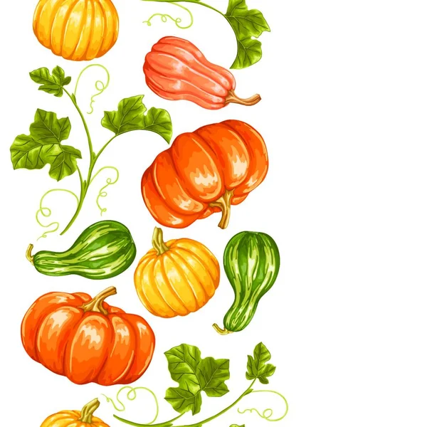 Seamless Border Pumpkins Decorative Ornament Vegetables Leaves Seamless Border Pumpkins — Stock Vector