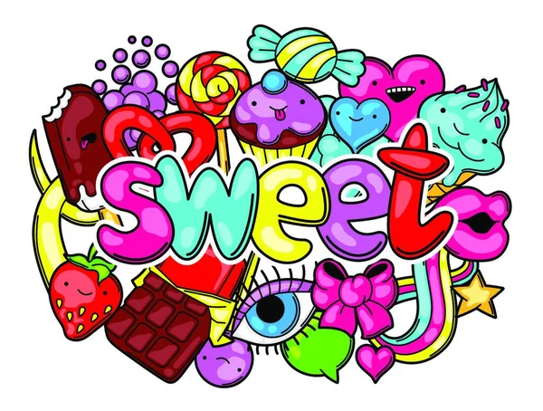 Imprimir Kawaii Con Dulces Caramelos Crazy Dulces Estilo Dibujos Animados — Archivo Imágenes Vectoriales