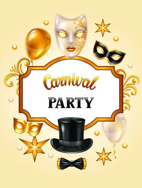 Biglietto Invito Carnevale Con Maschere Decorazioni Oro Festività Sfondo Partito — Vettoriale Stock
