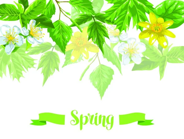 Spring Green Leaves Flowers Background Plants Twig Buds Spring Green — Stock Vector