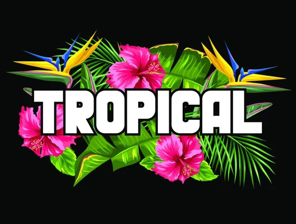 Imprimer Avec Des Feuilles Tropicales Des Fleurs Palmiers Branches Oiseau — Image vectorielle