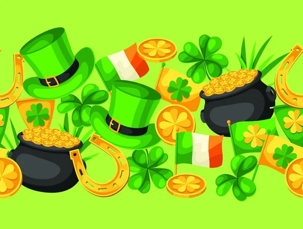 Saint Patricks Day Naadloos Patroon Vlag Ierland Pot Met Gouden — Stockvector
