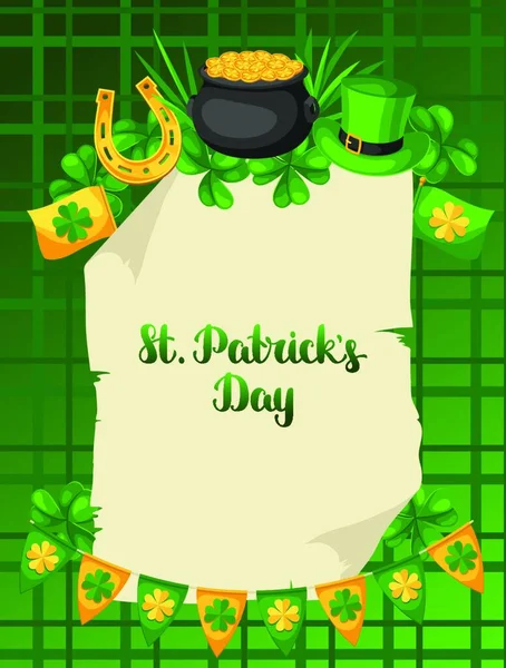 Sint Patricks Dag Poster Vlag Pot Met Gouden Munten Shamrocks — Stockvector