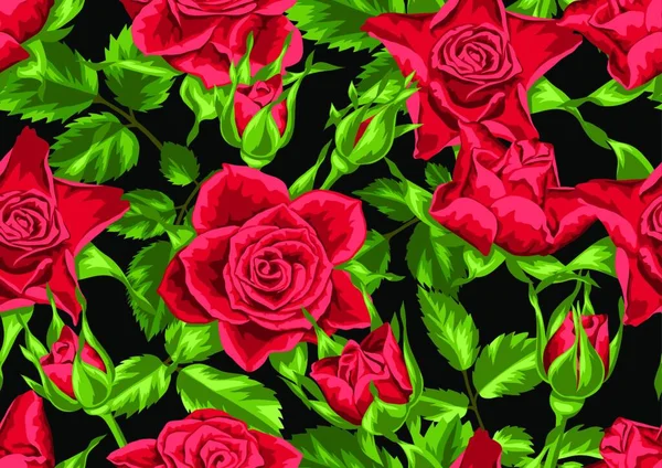 Seamless Pattern Red Roses Beautiful Realistic Flowers Buds Leaves Seamless – stockvektor