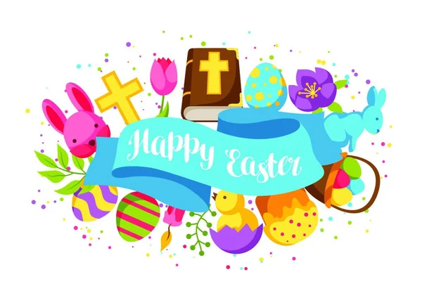 Feliz Tarjeta Felicitación Semana Santa Con Objetos Decorativos Huevos Bunnies — Vector de stock