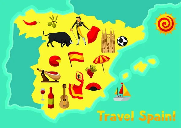 Mapa Espanha Design Fundo Símbolos Objetos Tradicionais Espanhóis Mapa Espanha — Vetor de Stock