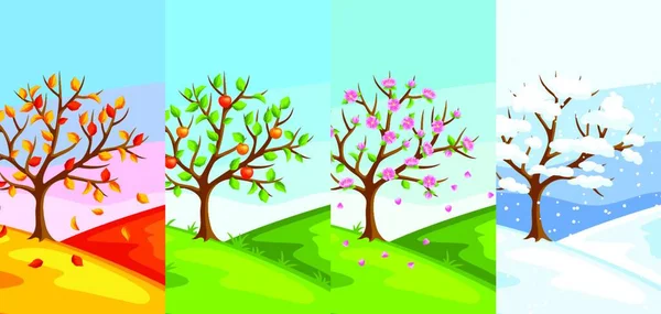 Cztery Sezony Ilustracja Drzewa Krajobrazu Zimą Wiosną Latem Jesienią — Wektor stockowy