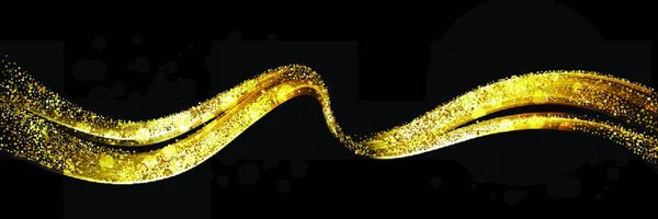 抽象的な光沢のある色の金の波のデザイン要素は 暗い背景に輝く効果を持ちます — ストックベクタ