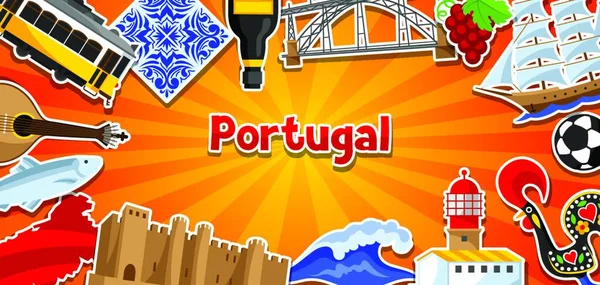 ポルトガルのバナーにステッカー付き ポルトガルの伝統的なシンボルとオブジェクト ポルトガルのバナーにステッカー付き ポルトガルの伝統的なシンボルとオブジェクト — ストックベクタ
