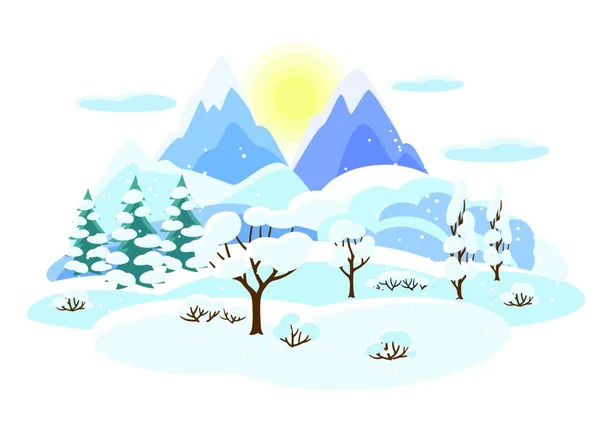 Paisagem Inverno Com Árvores Montanhas Colinas Ilustração Sazonal Paisagem Inverno — Vetor de Stock