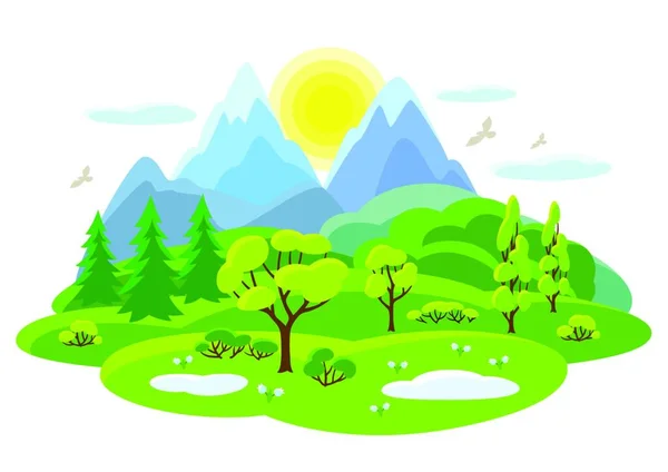 Frühlingslandschaft Mit Bäumen Bergen Und Hügeln Saisonale Illustration Frühlingslandschaft Mit — Stockvektor