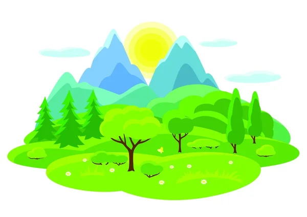 Paisaje Veraniego Con Árboles Montañas Colinas Ilustración Temporal Paisaje Veraniego — Vector de stock