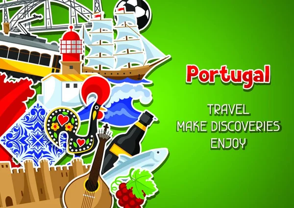 Tło Portugalii Naklejkami Portugalskie Narodowe Tradycyjne Symbole Przedmioty Tło Portugalii — Wektor stockowy