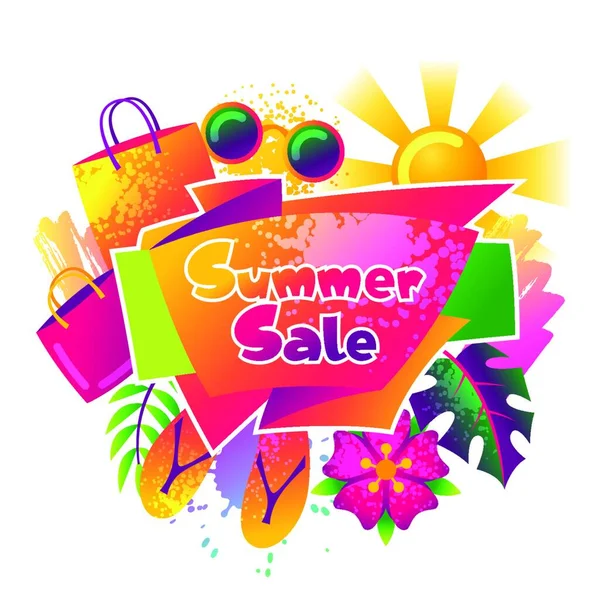 Sommerschlussverkauf Hintergrund Mit Bunten Elementen Sonne Palmblätter Und Einkaufstüten Sommerschlussverkauf — Stockvektor