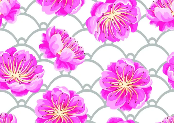 Seamless Pattern Sakura Cherry Blossom Floral Japanese Ornament Blooming Flowers — Stock Vector