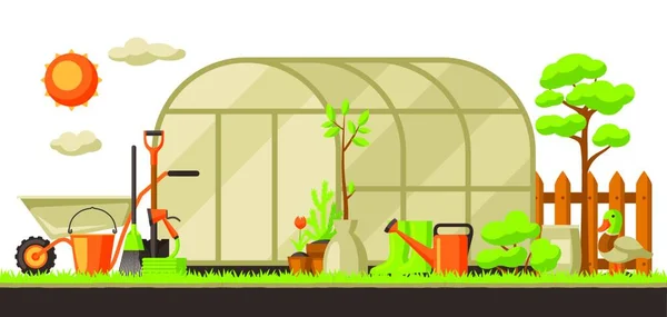 Illustrazione Del Paesaggio Del Giardino Con Piante Strumenti Concetto Giardinaggio — Vettoriale Stock