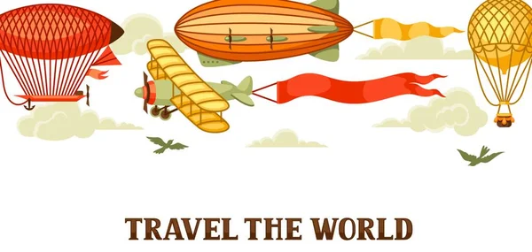 Banner Viaje Con Transporte Aéreo Retro Aeródromo Vintage Blimp Plano — Vector de stock