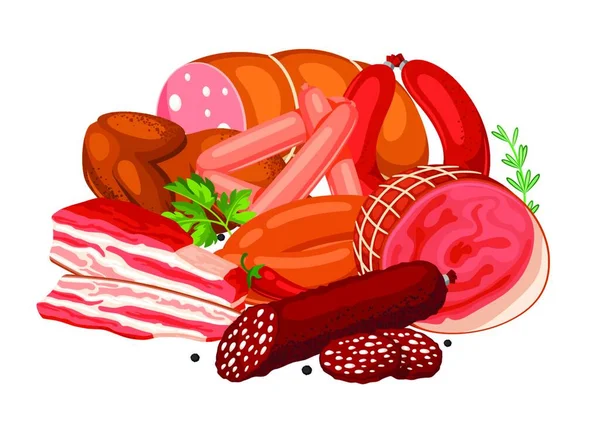 Illustratie Met Vleesproducten Illustratie Van Worst Spek Ham Illustratie Met — Stockvector