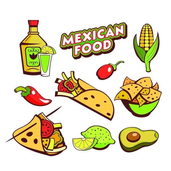 Mexické Jídlo Sada Oblíbených Mexických Rychlých Občerstvení Vektorová Ilustrace Kresleném — Stockový vektor