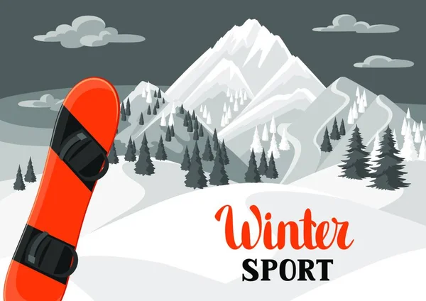 Winterlandschaft Mit Snowboard Schneebedeckte Berge Und Tannenwald Winterlandschaft Mit Snowboard — Stockvektor