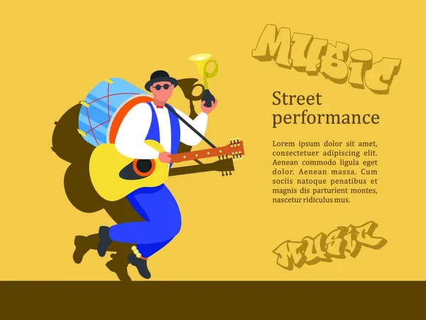 Street Musician One Man Band Plays Trumpet Guitar Drums Dancing — Stock Vector