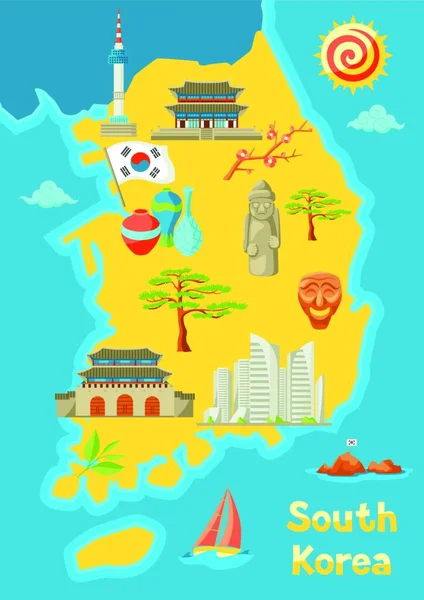 Südkoreas Kartendesign Koreanische Traditionelle Symbole Und Objekte Südkoreas Kartendesign Traditionelle — Stockvektor