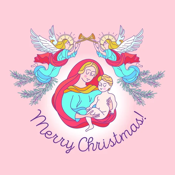 圣诞快乐 圣母玛利亚在蓝色上衣和红床罩 麦当娜抱着婴儿耶稣 天使们吹响了号角 宣布救世主的诞生 矢量插图 — 图库矢量图片