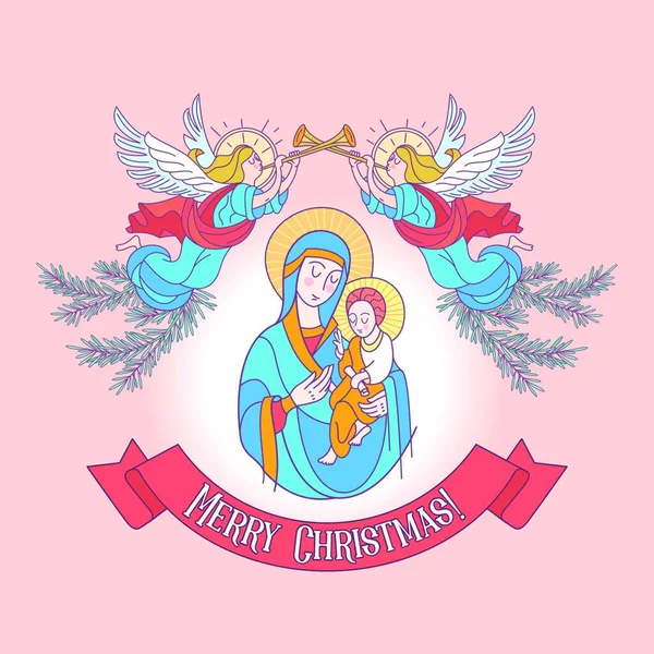 メリークリスマス 青いチュニックの聖母マリア マドンナは 赤ん坊のイエスを保持しています 天使は 救い主の誕生を発表トランペットをトランペットします ベクトル図 — ストックベクタ