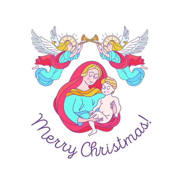 Feliz Navidad Tarjeta Felicitación Vectorial Virgen María Niño Jesús — Vector de stock