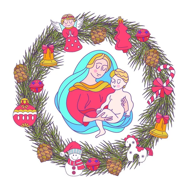 メリークリスマス ベクトルのグリーティング カード 聖母と赤ん坊のイエス クリスマスの装飾で飾られたモミの枝の花輪 — ストックベクタ