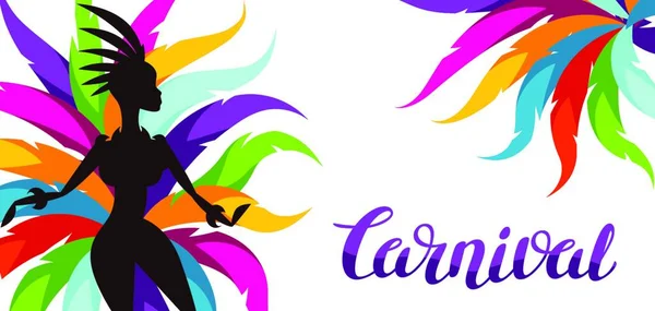 Bandiera Feste Carnevale Con Ballerina Samba Piume Decorative Colorate Bandiera — Vettoriale Stock
