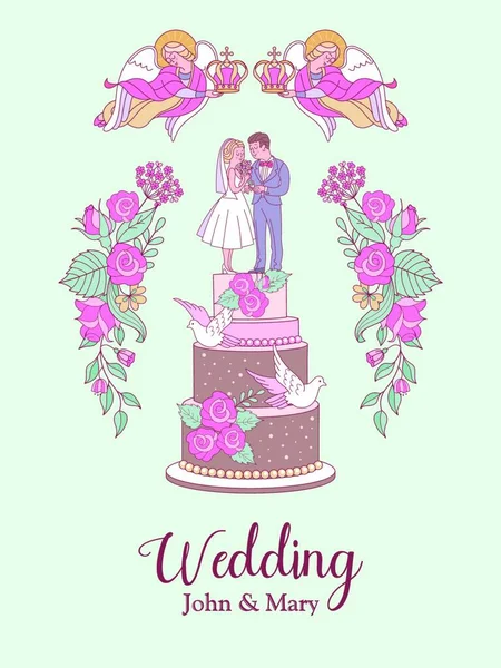 Glückliche Hochzeit Vektorillustration Trauung Romantische Hochzeitskarte Hochzeitseinladung Figuren Von Braut — Stockvektor