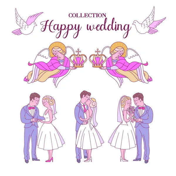 Joyeux Mariage Illustration Vectorielle Une Cérémonie Mariage Mariée Marié Carte — Image vectorielle