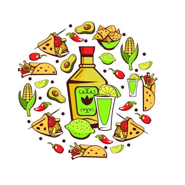 Comida Mexicana Conjunto Pratos Populares Mexicanos Fast Food Ilustração Vetorial — Vetor de Stock