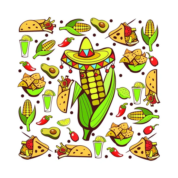 Mexikanisches Essen Eine Reihe Beliebter Mexikanischer Fast Food Gerichte Mais — Stockvektor