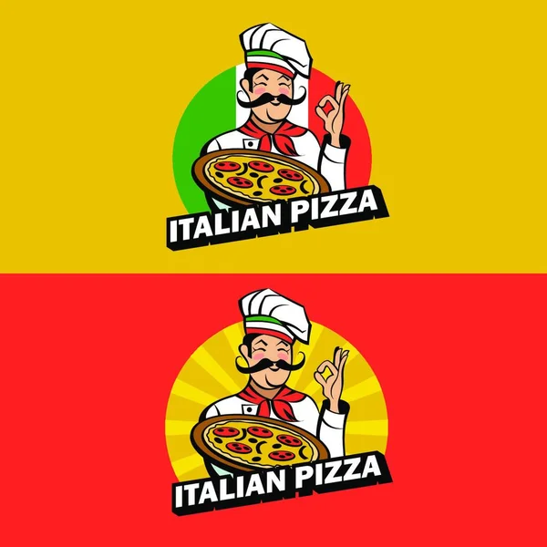 Ιταλός Σεφ Μουστάκι Που Κρατάει Νόστιμη Πίτσα Ιταλική Πίτσα Παραδοσιακό — Διανυσματικό Αρχείο