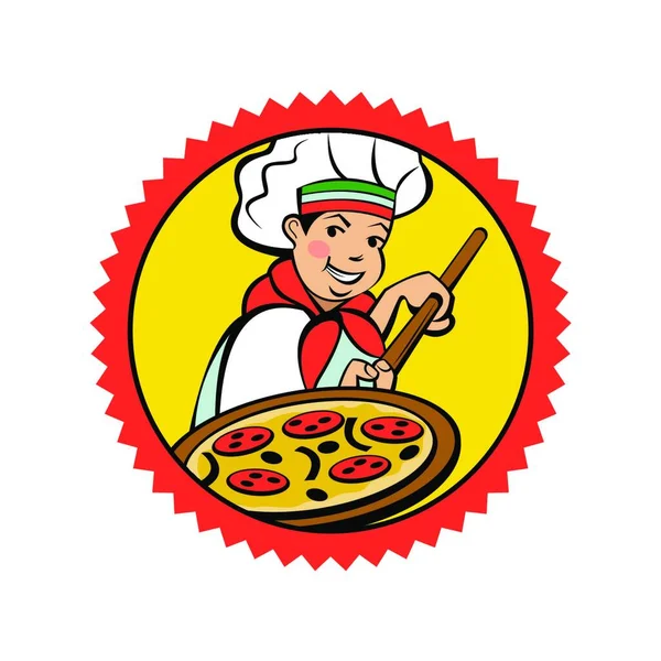Włoski Kucharz Trzyma Pyszną Pizzę Włoska Pizza Tradycyjne Narodowe Danie — Wektor stockowy