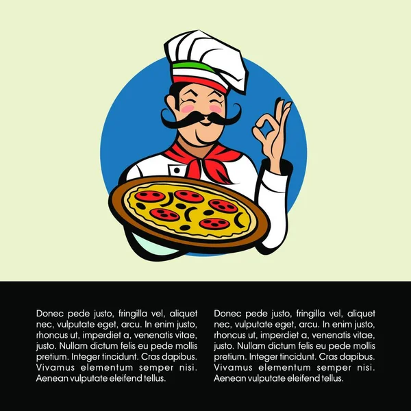 Chef Italiano Com Bigode Segurando Uma Deliciosa Pizza Pizza Italiana — Vetor de Stock