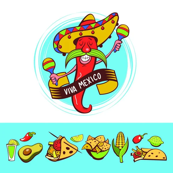 Red Chili Sombrero Dancing Maracas Mexican Food Set Popular Mexican — Stock Vector