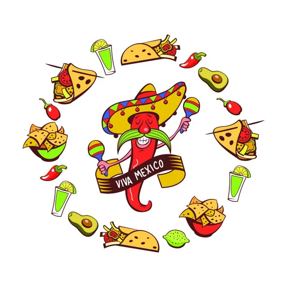 Red Chili Sombrero Dancing Maracas Mexican Food Set Popular Mexican — Stock Vector